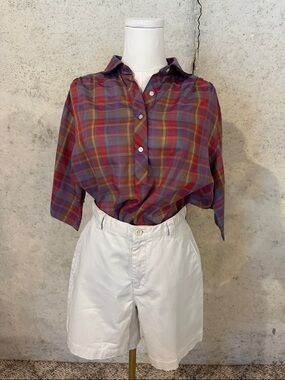 Vintage 90s Plaid Blouse Paris Station Lightweight Preppy Button Top Size XL